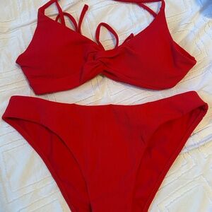 Red Twist Backless Bikini Top & Red Solid Low Waisted Bikini Bottom